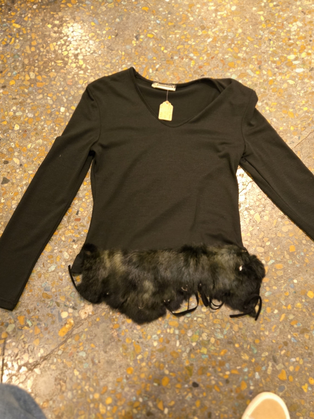Rinascimento Black Long-Sleeve Top with Faux-Fur Hem